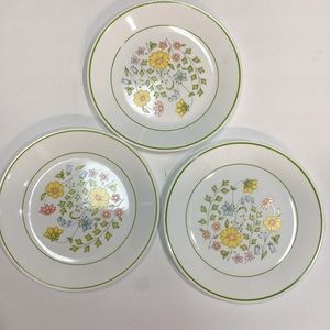 3 Vtg Corelle By Corning Meadow Salad PlateW/ Green Rim Floral 8.5”